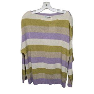 Adele Altman Sweater Striped Knit Cotton Top L Purple Green Semi-Sheer Relaxed